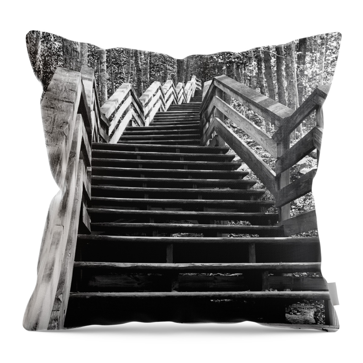 Stairs Throw Pillow featuring the photograph Monochrome Study of Wooden Stairs at Stone Mountain in North Car by Charles Floyd