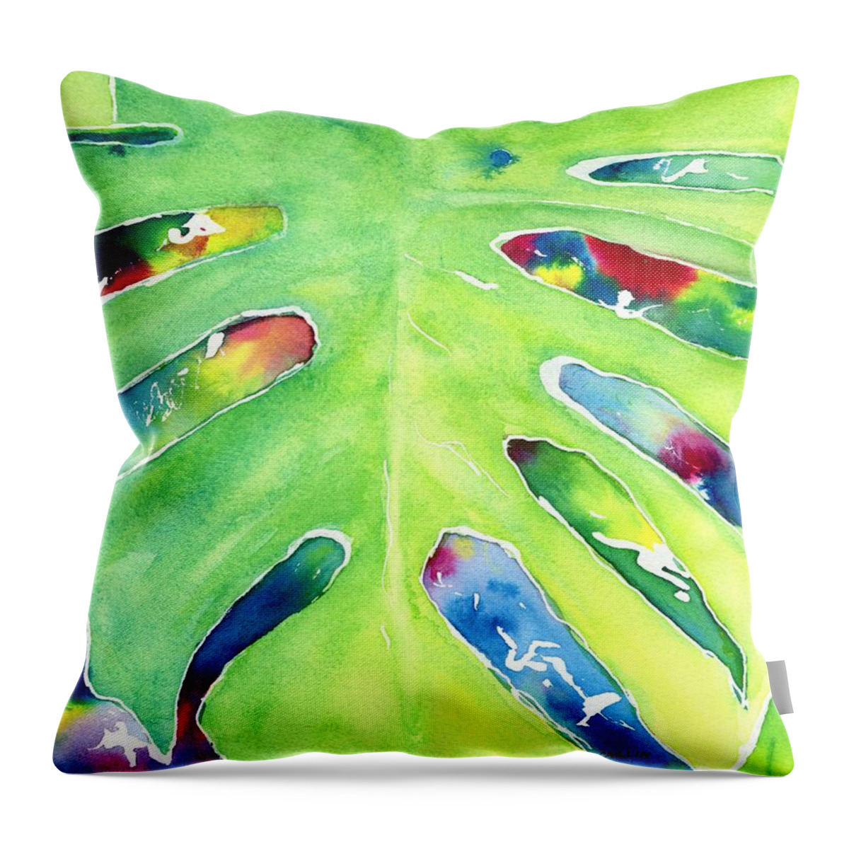 Monstera Throw Pillow featuring the painting Monstera Tropical Leaves 2 by Carlin Blahnik CarlinArtWatercolor