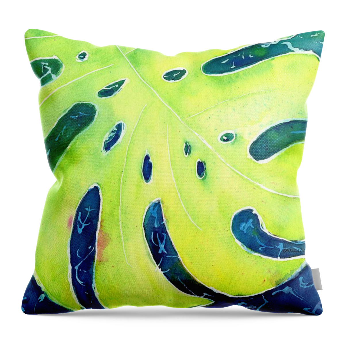 Monstera Throw Pillow featuring the painting Monstera Tropical Leaves 4 by Carlin Blahnik CarlinArtWatercolor