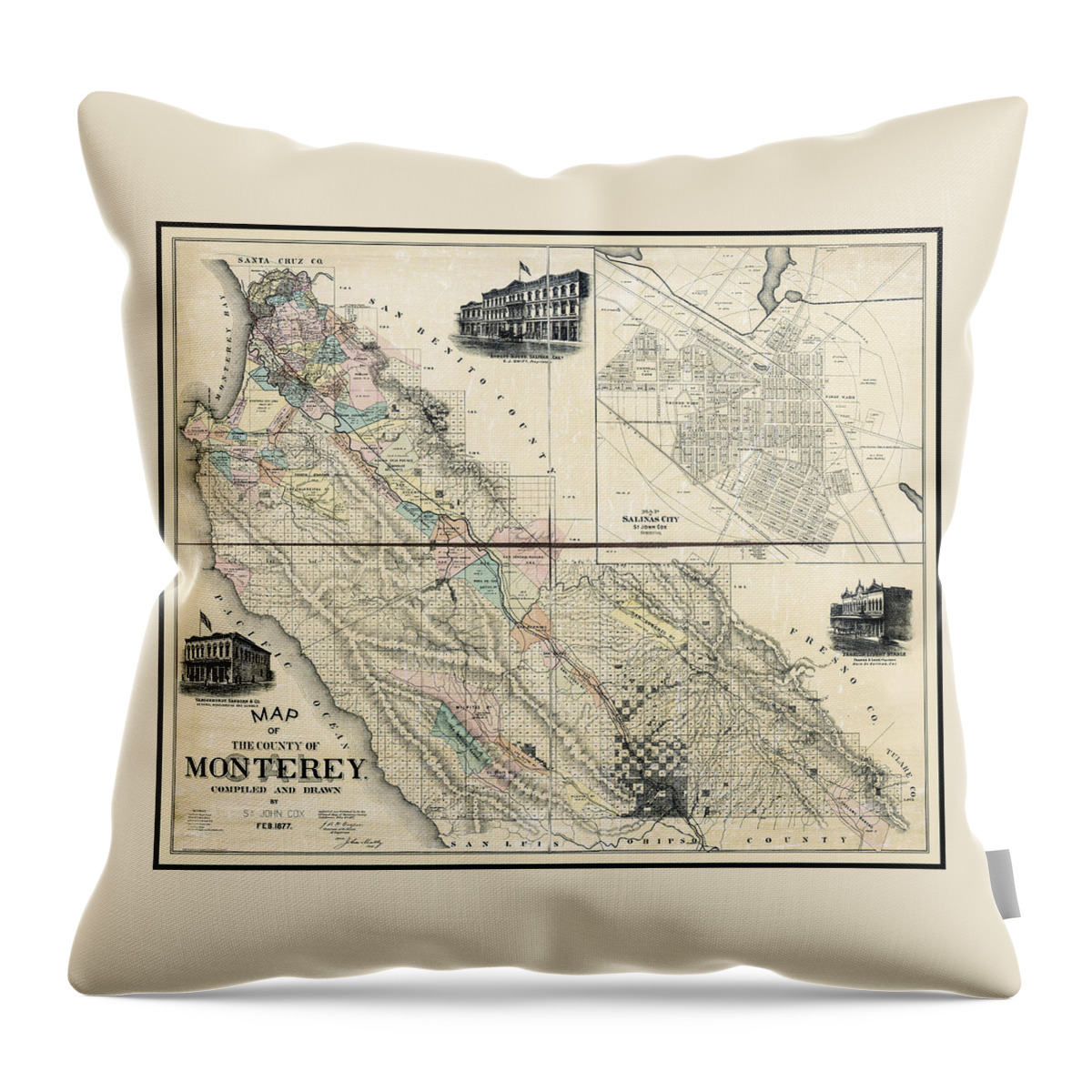Monterey Throw Pillow featuring the photograph Monterey County California Vintage Map 1877 by Carol Japp