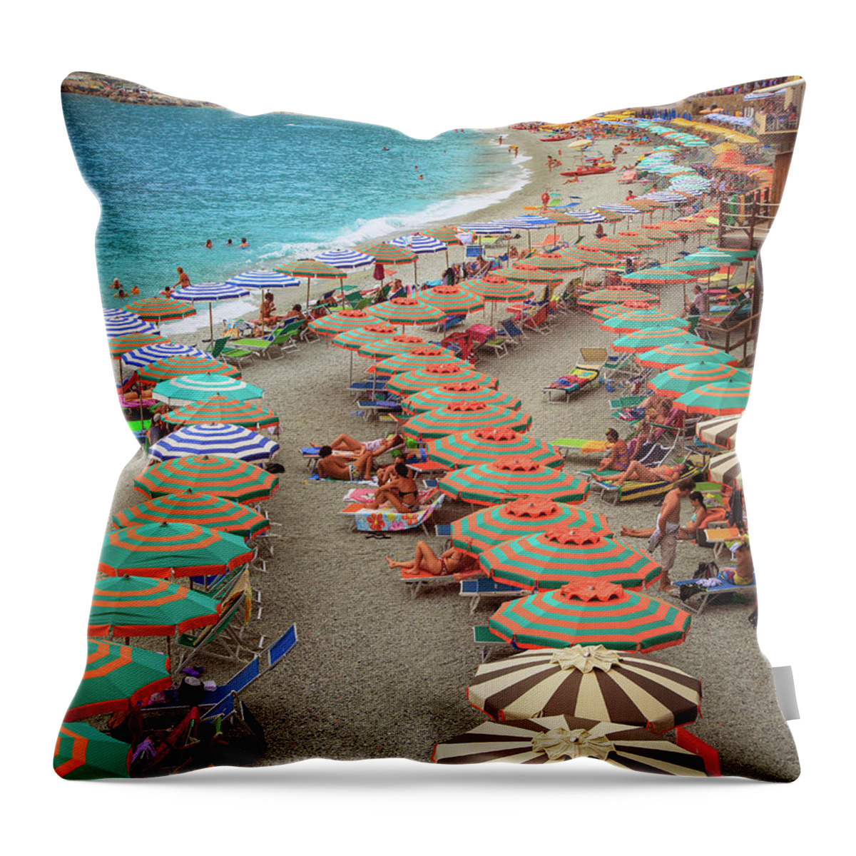 Cinque Throw Pillow featuring the photograph Monterosso Beach by Inge Johnsson