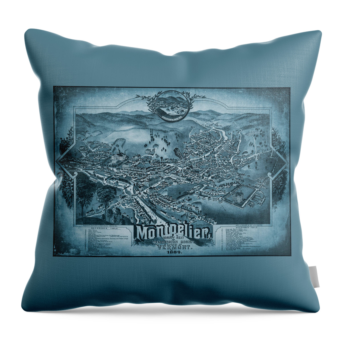 Montpelier Throw Pillow featuring the photograph Montpelier Vermont Vintage Map Birds Eye View 1884 Blue by Carol Japp