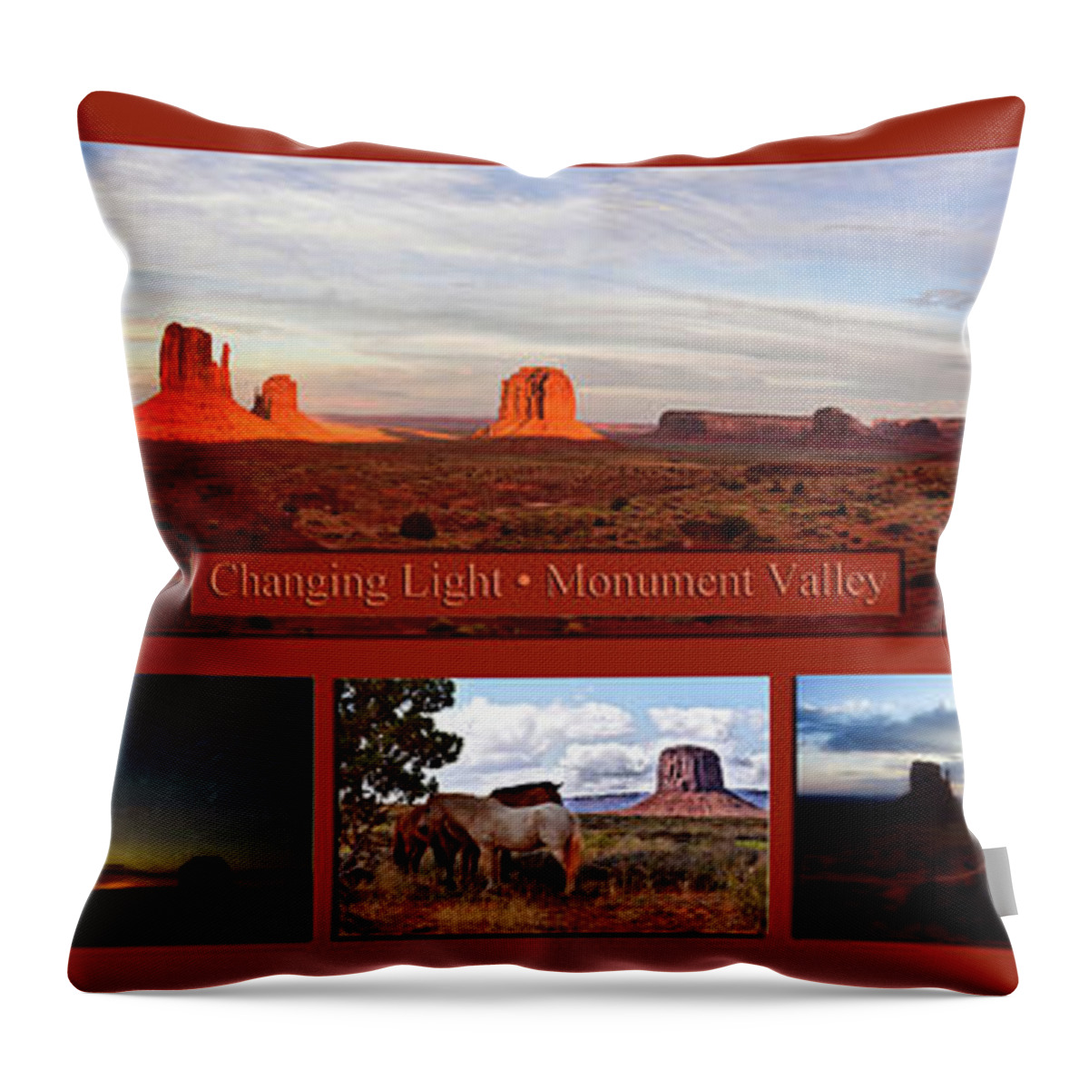 Monument Valley Throw Pillow featuring the photograph Monument Valley Changing Light Panorama Collage by Thomas Woolworth
