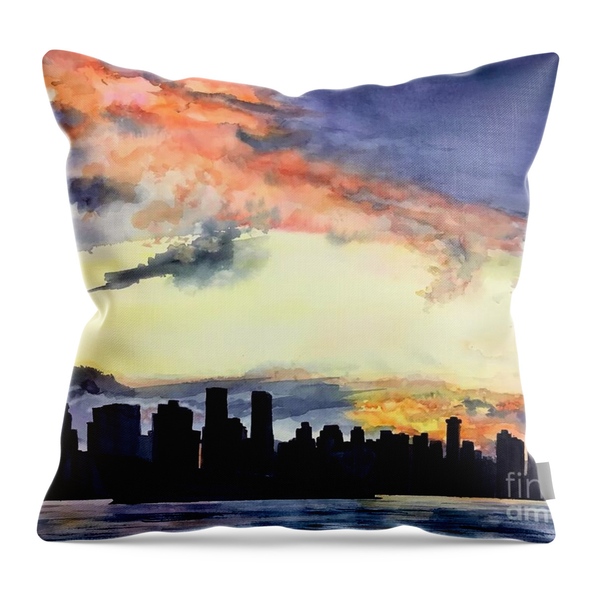 Vancouver Skyline Throw Pillow featuring the painting Moody Blues by Sonia Mocnik