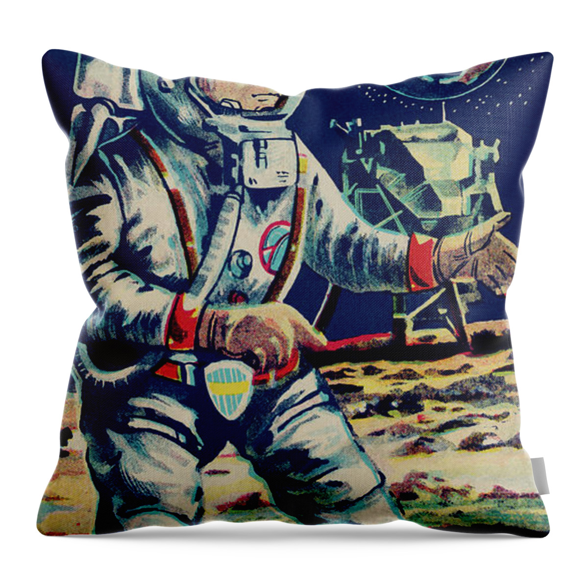 Vintage Toy Posters Throw Pillow featuring the drawing Moon Astronaut by Vintage Toy Posters