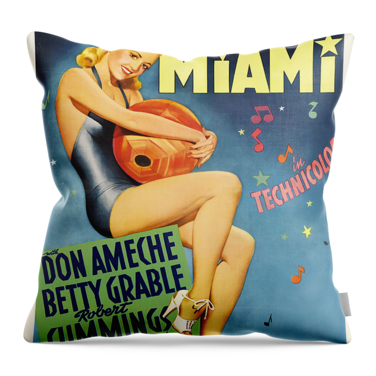 Vargas Throw Pillow featuring the mixed media ''Moon Over Miami'', 1941 - art by Alberto Vargas by Movie World Posters