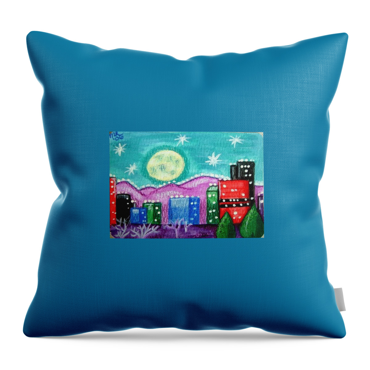 Cityscape Throw Pillow featuring the painting Moonlit Cityscape by Monica Resinger