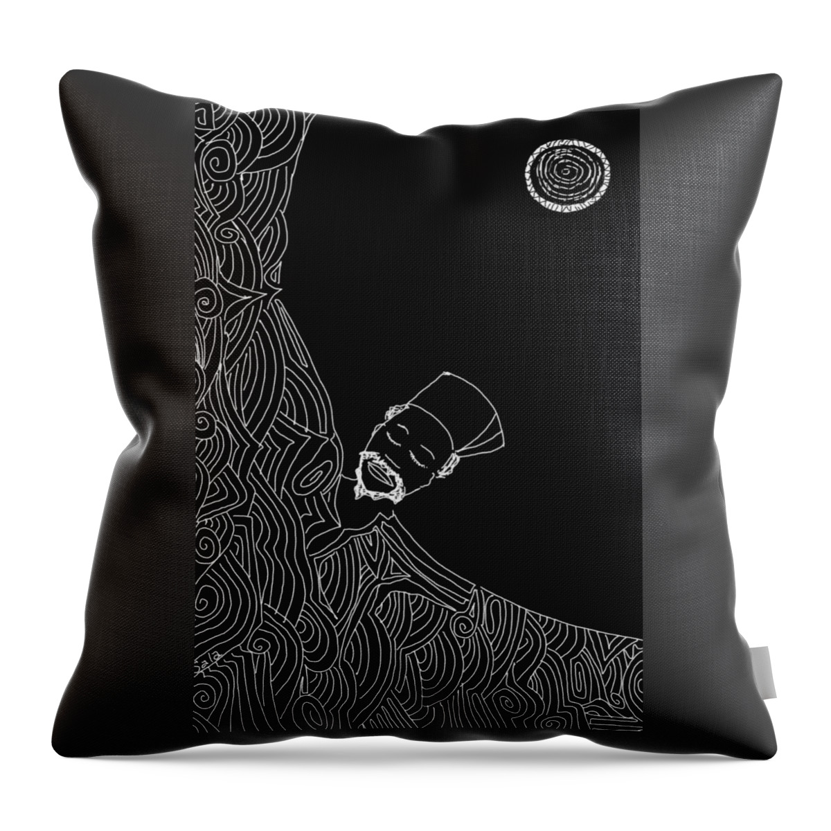  Throw Pillow featuring the drawing Moonlit wisdom Black by Sala Adenike