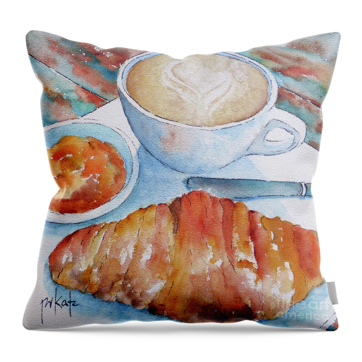 Coffee Signs Throw Pillow featuring the painting Morning Croissant Paris by Pat Katz
