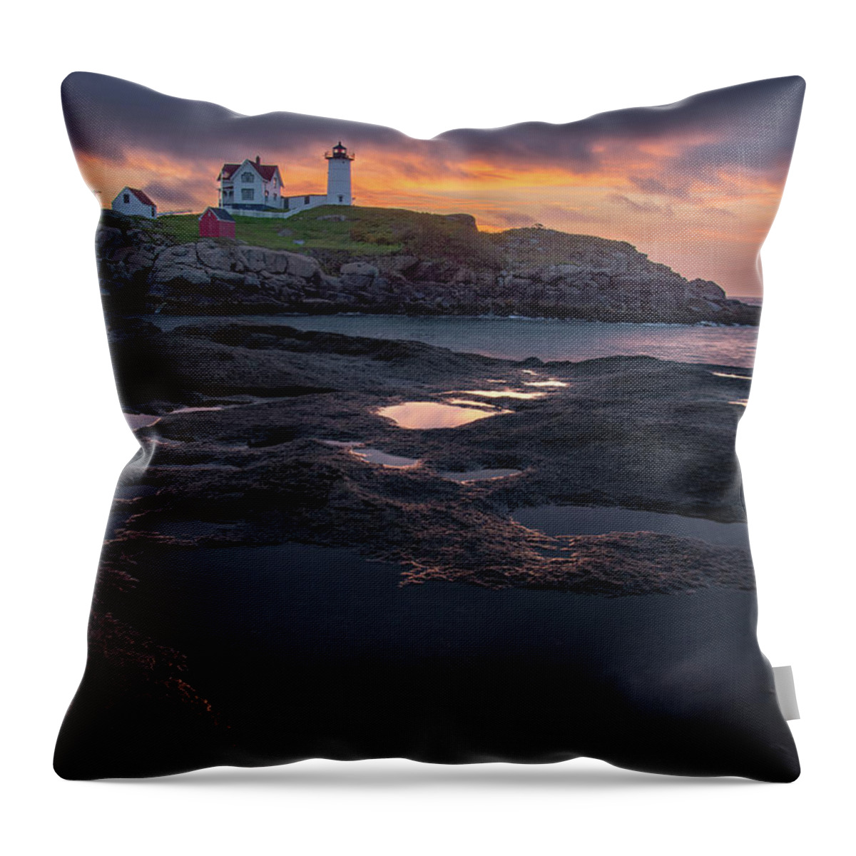 Sunrise Throw Pillow featuring the photograph Morning Fire at Nubble Lighthouse 1 by Dimitry Papkov