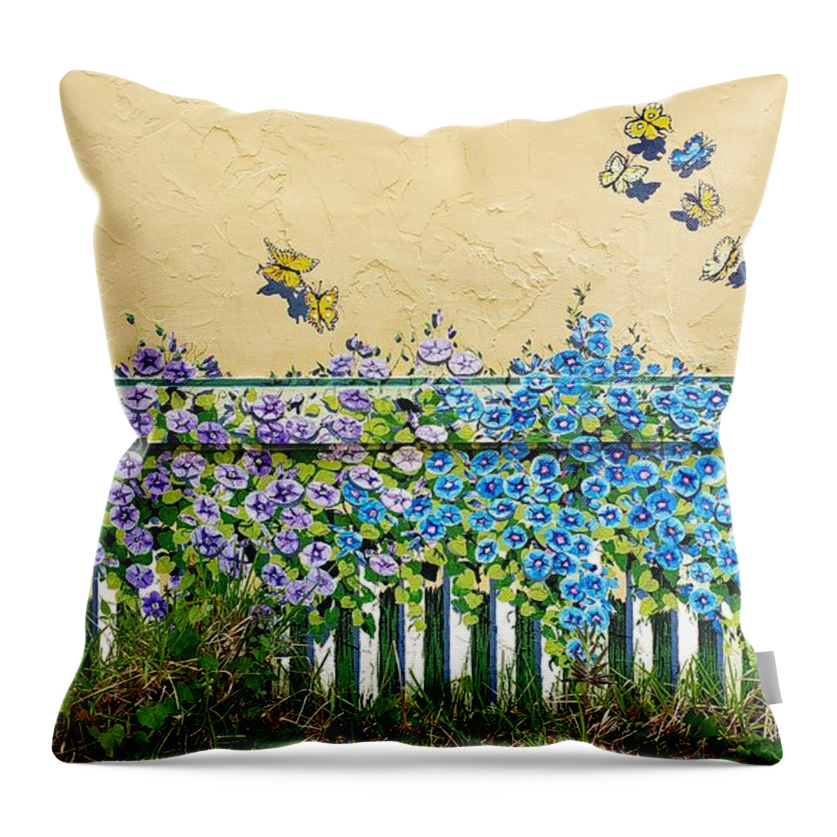 Mural Throw Pillow featuring the painting Morning Glories and Butterflies by Merana Cadorette