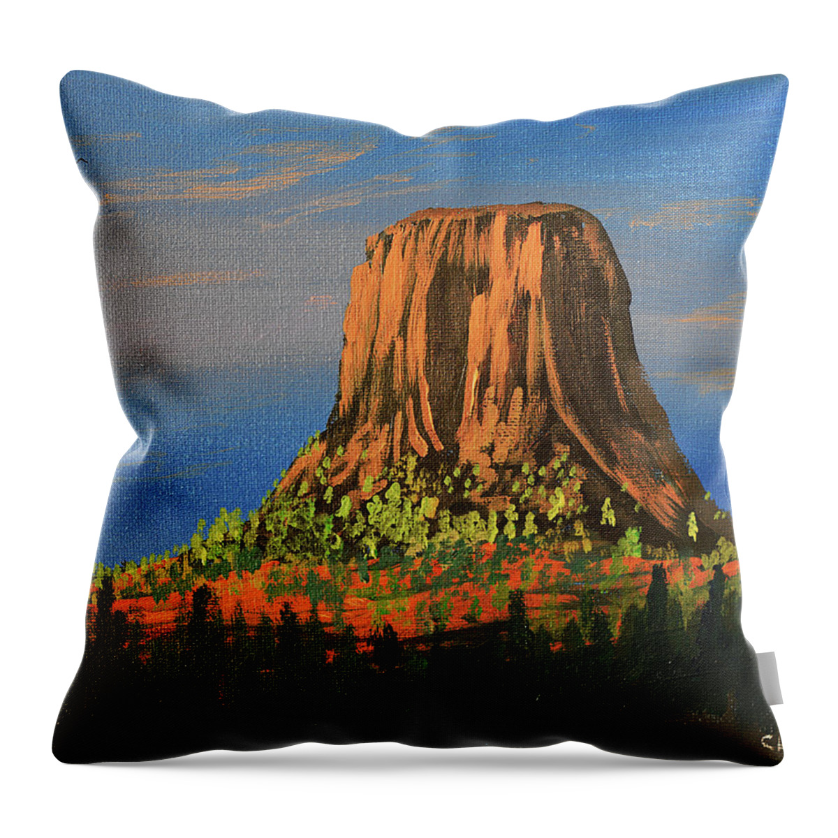 Devil's Tower Throw Pillow featuring the painting Morning Light on Devil's Tower, Wyoming by Chance Kafka