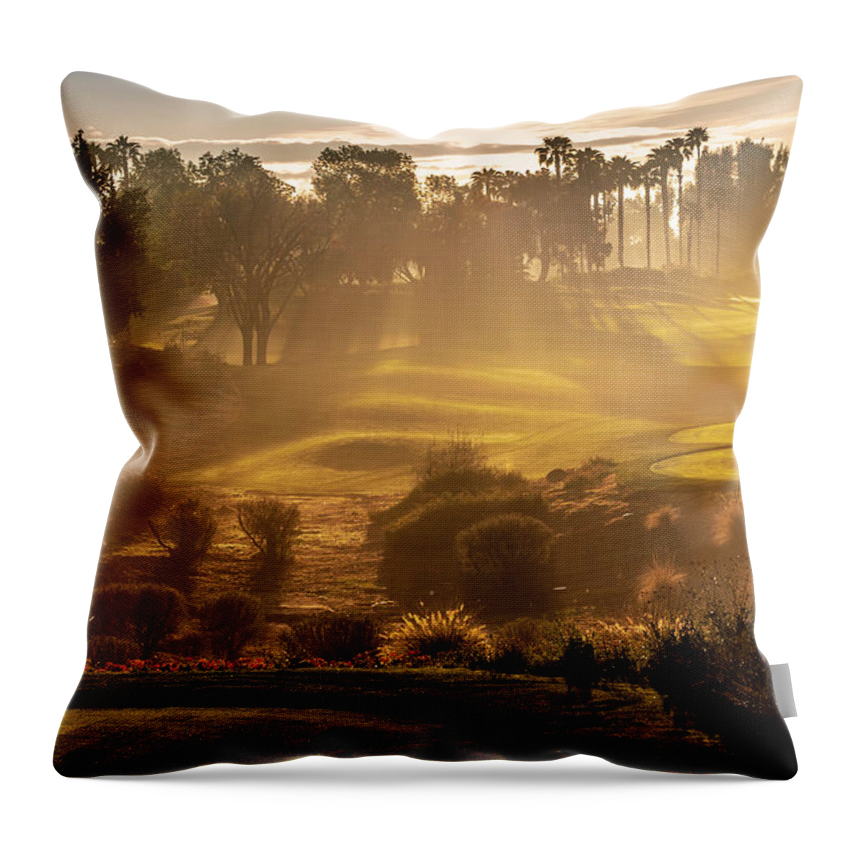 Golf Throw Pillow featuring the photograph Morning Steam at Indian Wells by Chris Casas