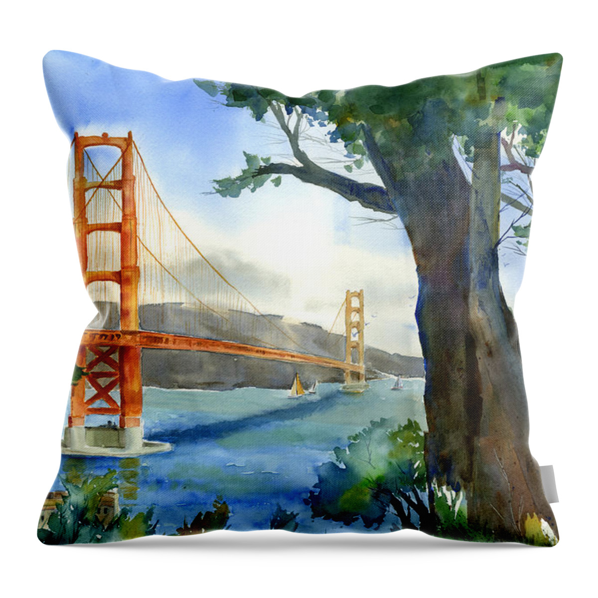 Golden Gate Bridge Throw Pillow featuring the painting Mornings on the Bay by Joan Chlarson