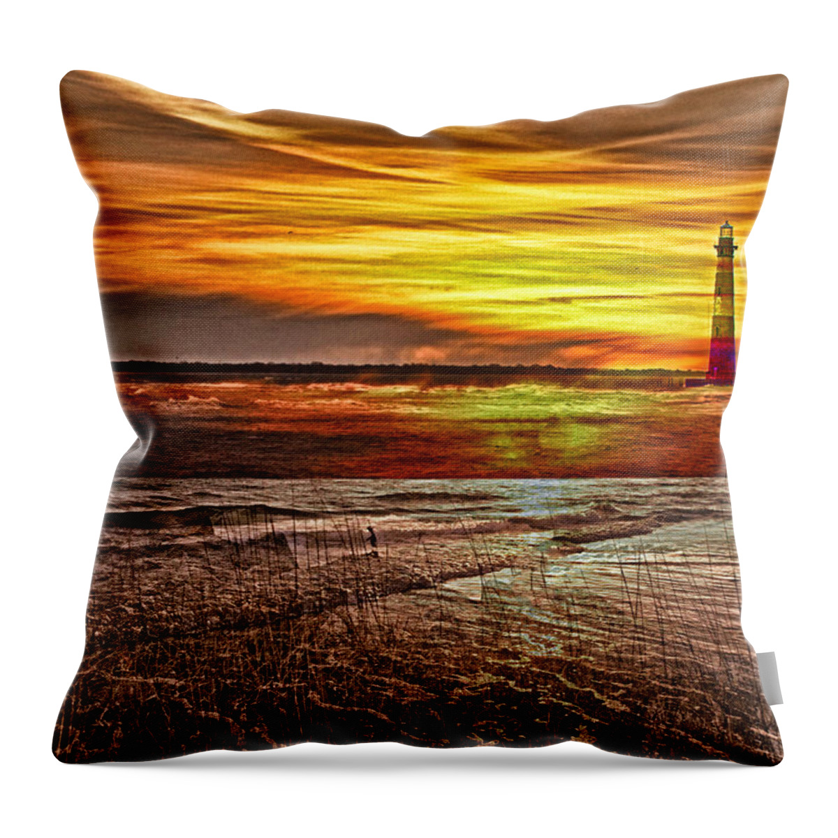 Lighthouse Throw Pillow featuring the photograph Morris Island Lighthouse Sunrise by Bill Barber