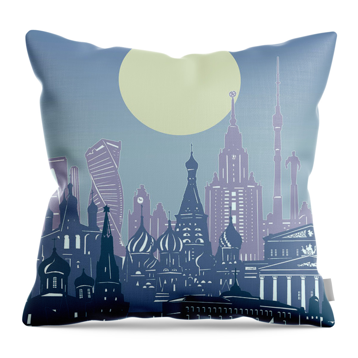 Moscow Throw Pillow featuring the digital art Moscow Skyline Minimal Blue by Bekim M