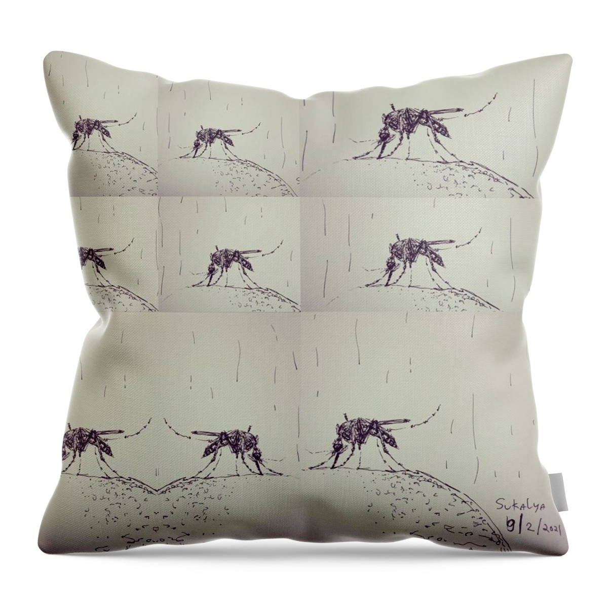 Mosquito​es Throw Pillow featuring the drawing Mosquitoes by Sukalya Chearanantana