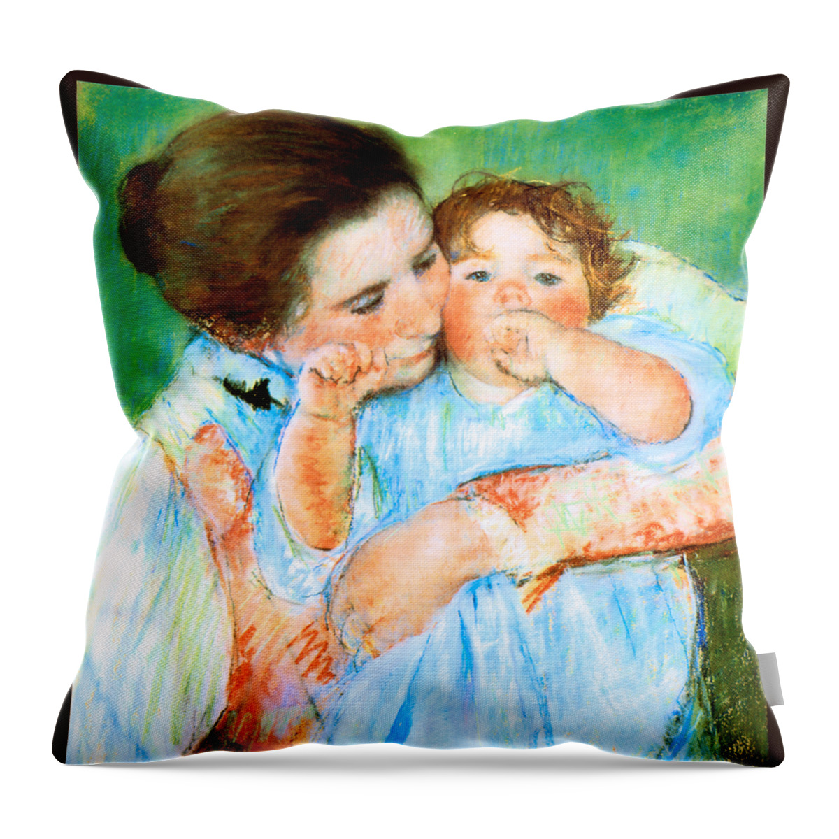 Marycassatt Throw Pillow featuring the painting Mother and Child against a Green Background 1887 by Mary Stevenson Cassatt