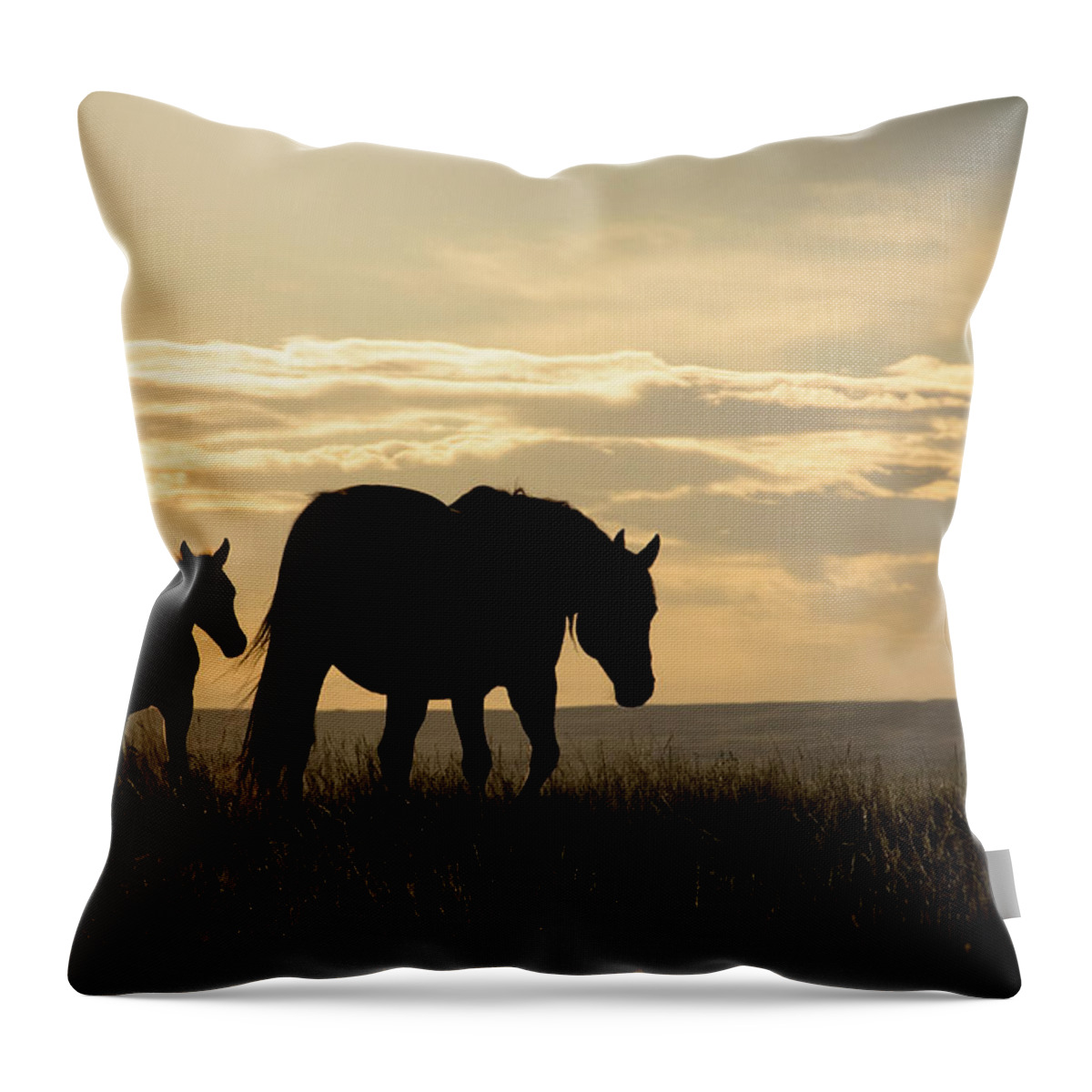 Horses Throw Pillow featuring the photograph Mother Horse and Foal in sunset by Naomi Maya