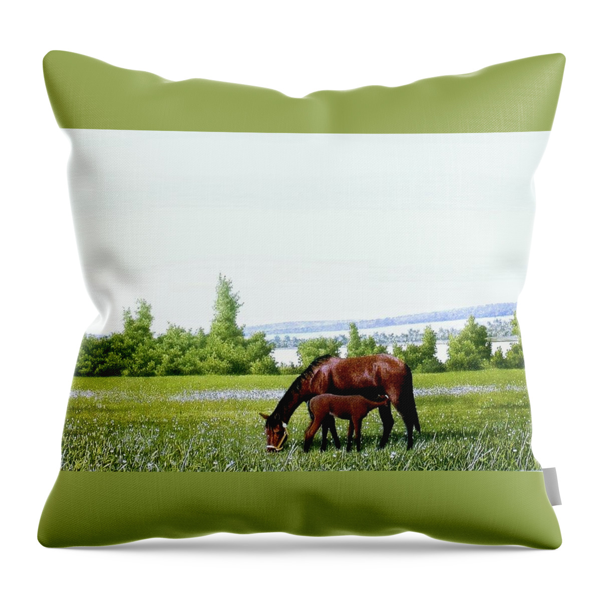 Horses Throw Pillow featuring the painting Mother raising little Junior by Conrad Mieschke