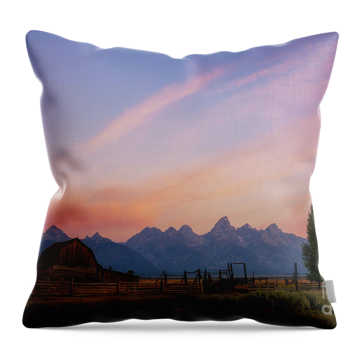 Mormon Row Sunrise Panorama Throw Pillow featuring the photograph Moulton Barn Sunrise by Michael Ver Sprill