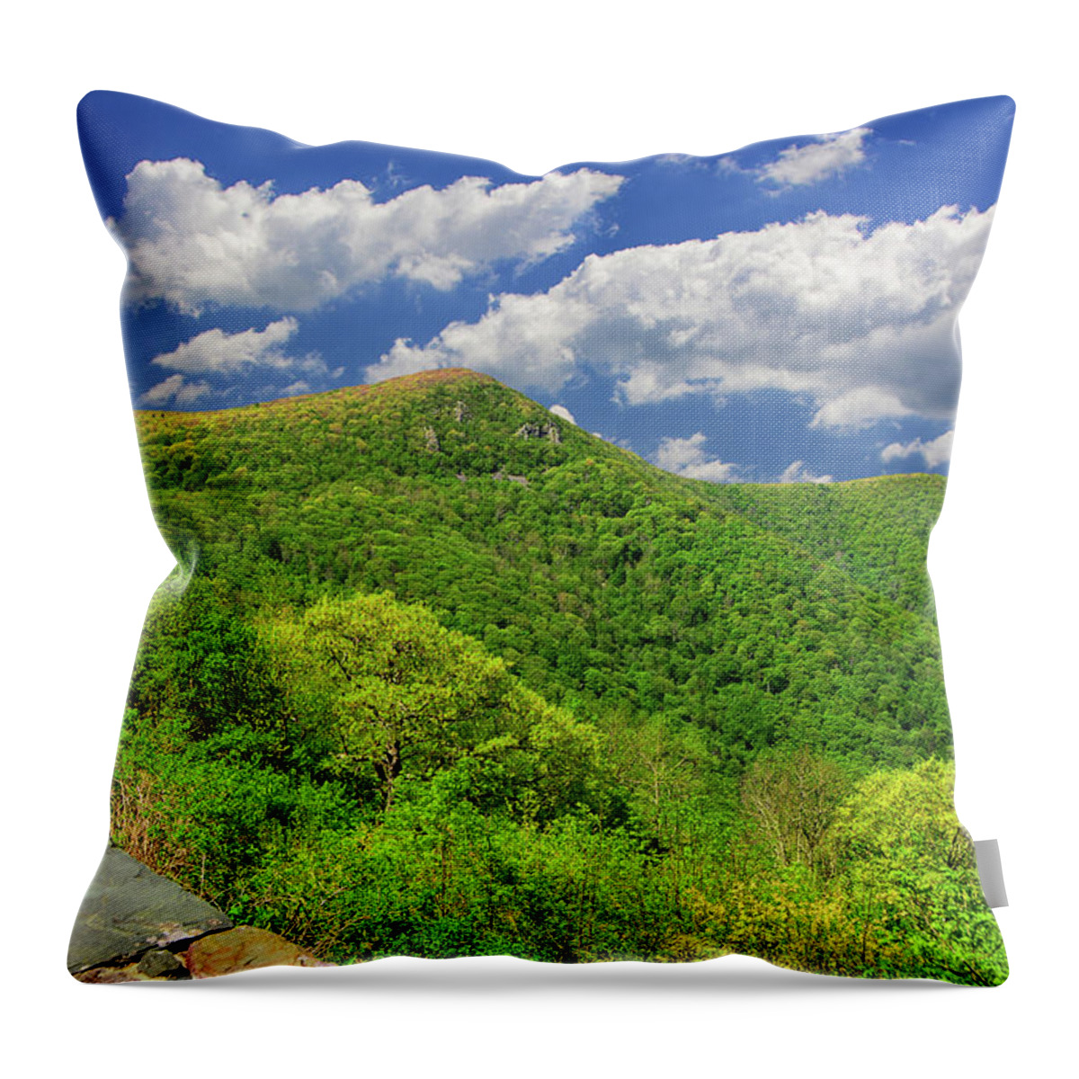 Mount Hawksbill From Crescent Rock Overlock With Thermal Clouds Throw Pillow featuring the photograph Mount Hawksbill from Crescent Rock Overlock With Thermal Clouds by Raymond Salani III