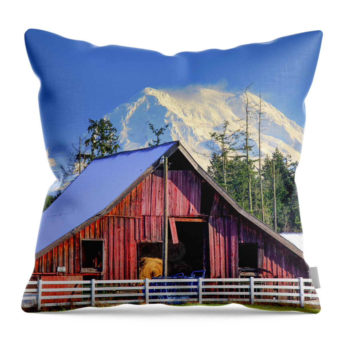 America Throw Pillow featuring the photograph Mount Rainier and Barn by Inge Johnsson