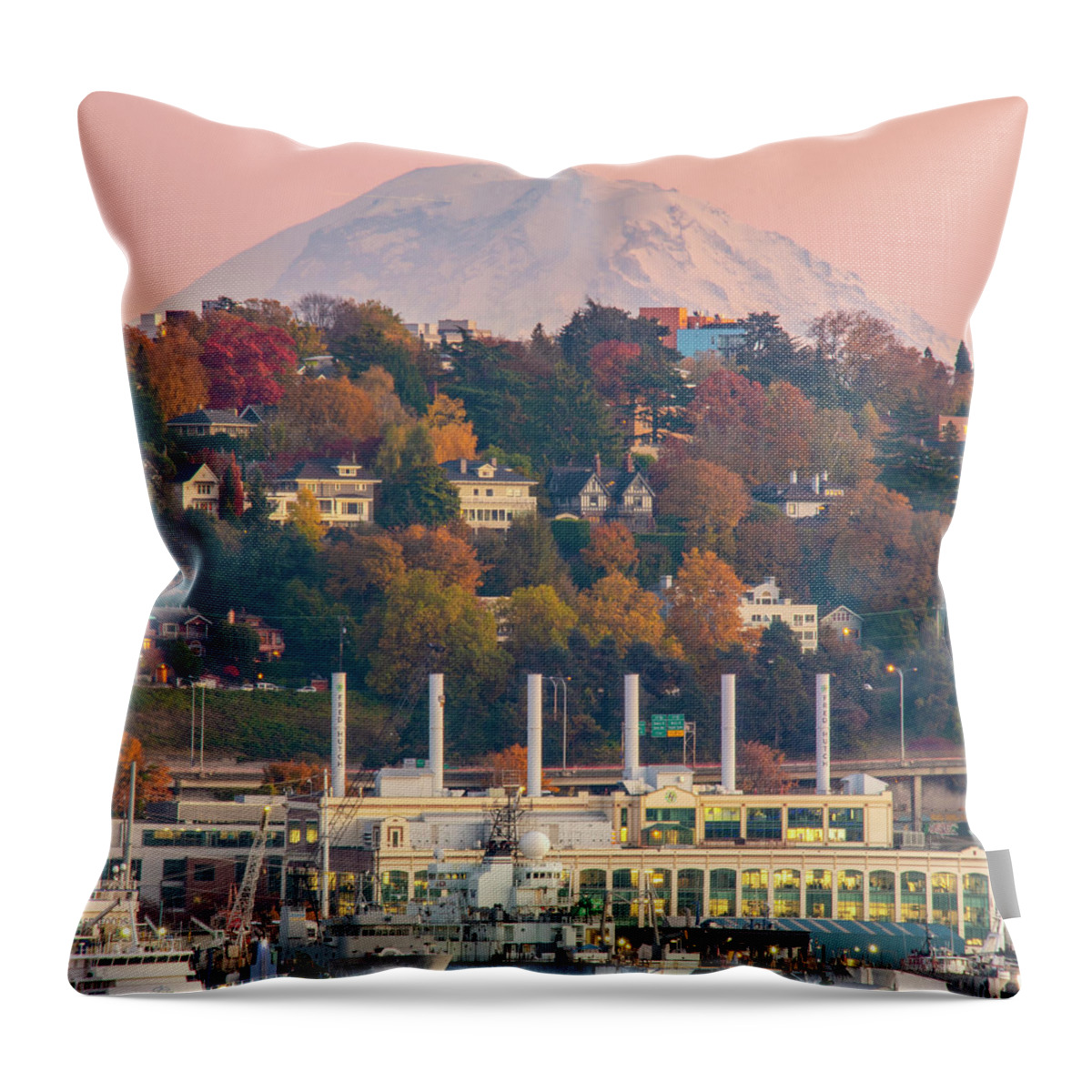 Mount Rainier Throw Pillow featuring the photograph Mount Rainier Rising Above Fall Colors In Seattle by Matt McDonald