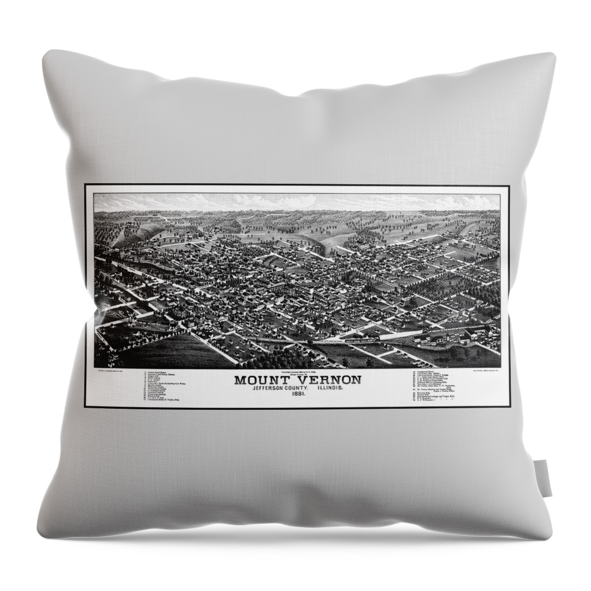 Illinois Map Throw Pillow featuring the photograph Mount Vernon Illinois Vintage Map Birds Eye View 1881 Black and White by Carol Japp