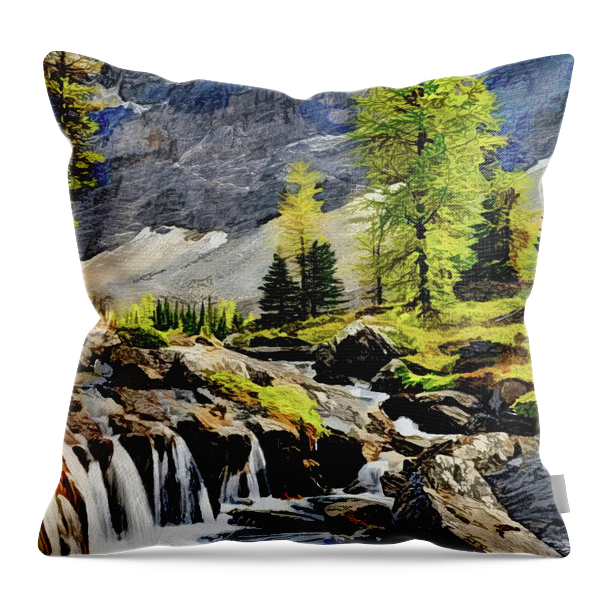High Throw Pillow featuring the painting Mountain Stream by Russ Harris