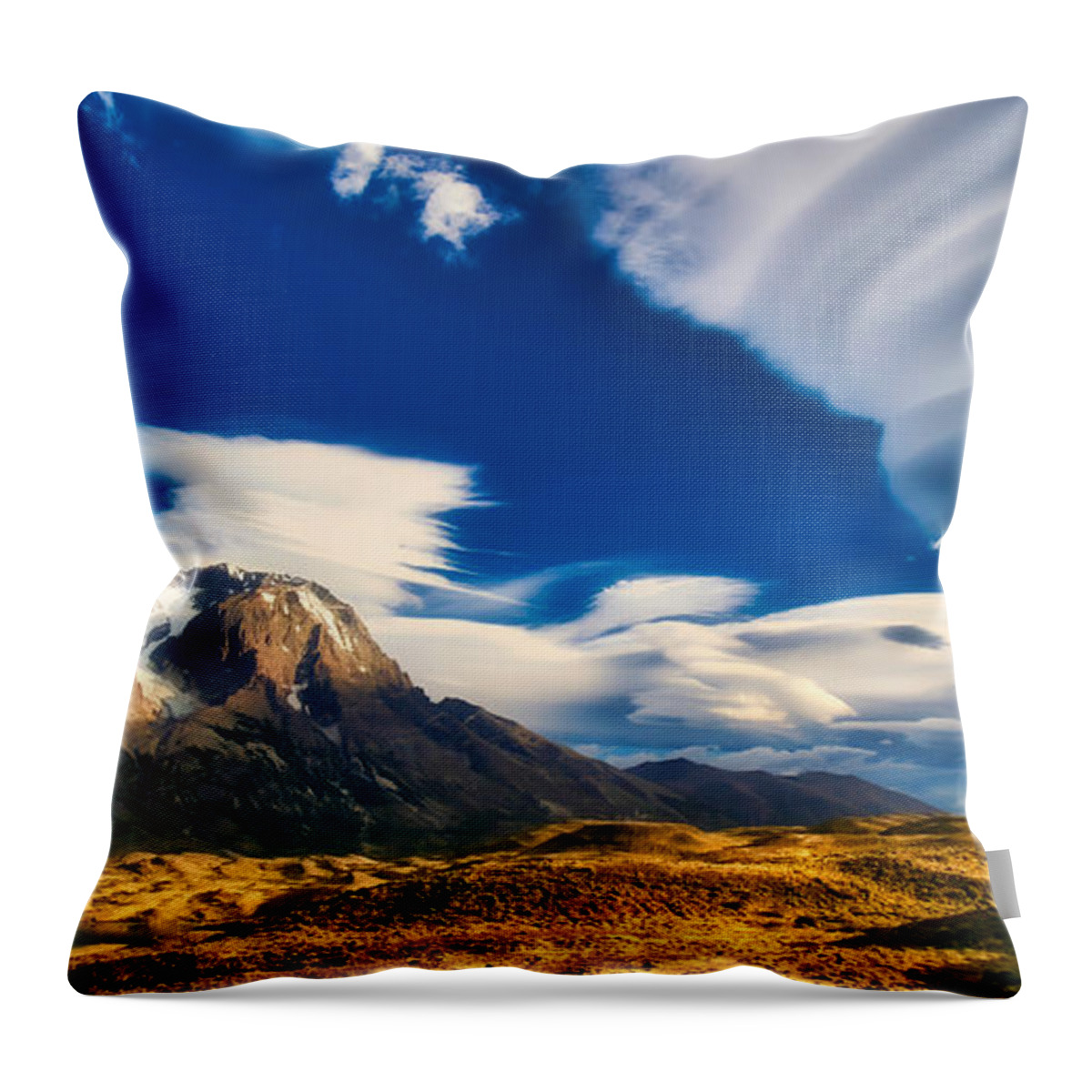 Lenticular Cloud Throw Pillow featuring the photograph Mountains and Lenticular Cloud in Patagonia by Bruce Block