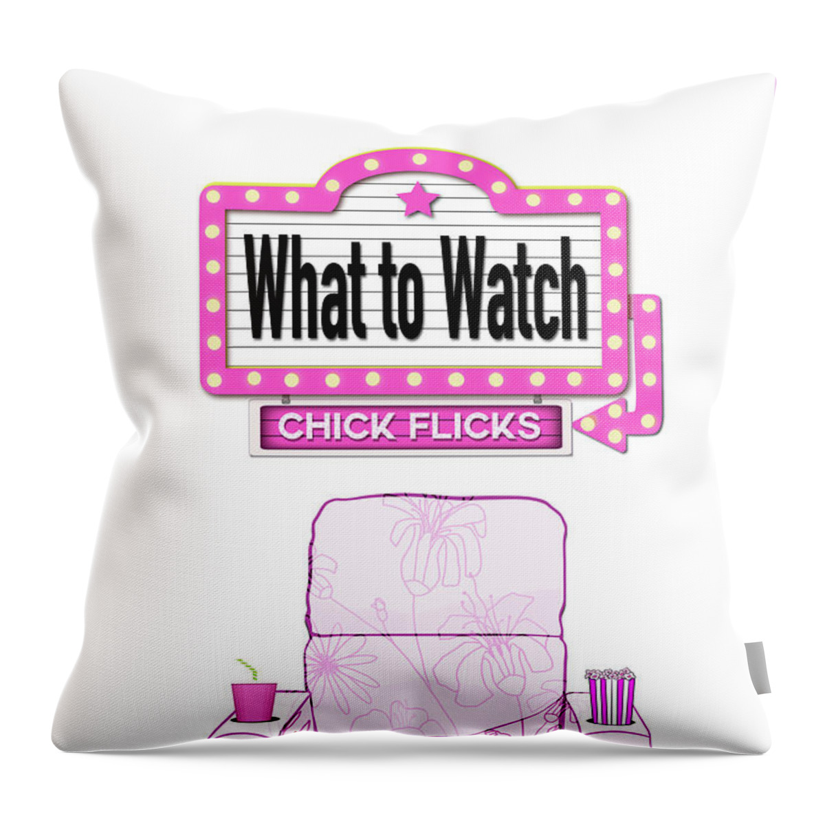 Home Theater Decor Throw Pillow featuring the digital art Movie Chair with Pink Cinema Sign - Home Theater Decor by Patricia Awapara