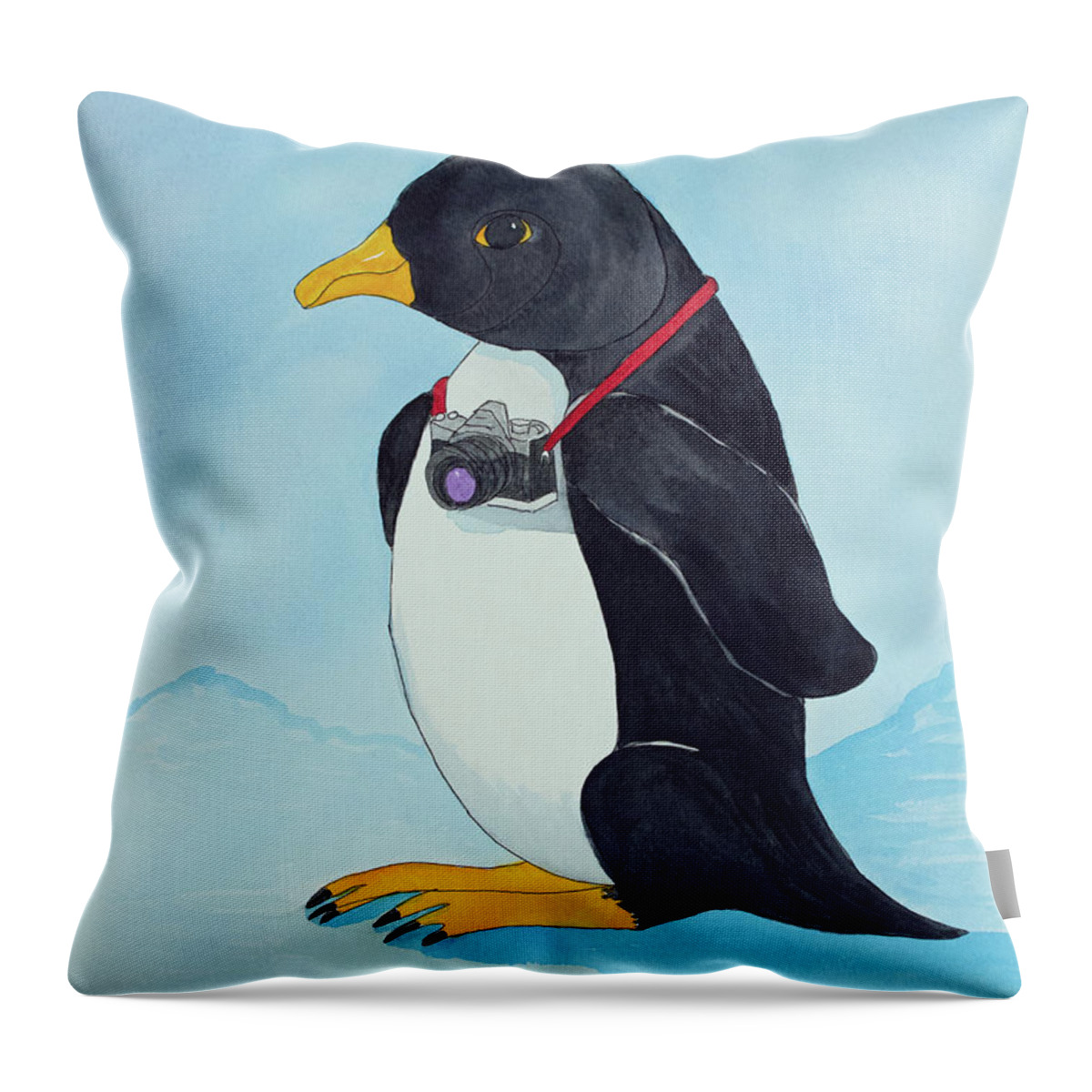 Mr. Penguin On Vacation A Pen & Ink Watercolor Painting By Norma Appleton Throw Pillow featuring the painting Mr. Penguin on Vacation by Norma Appleton