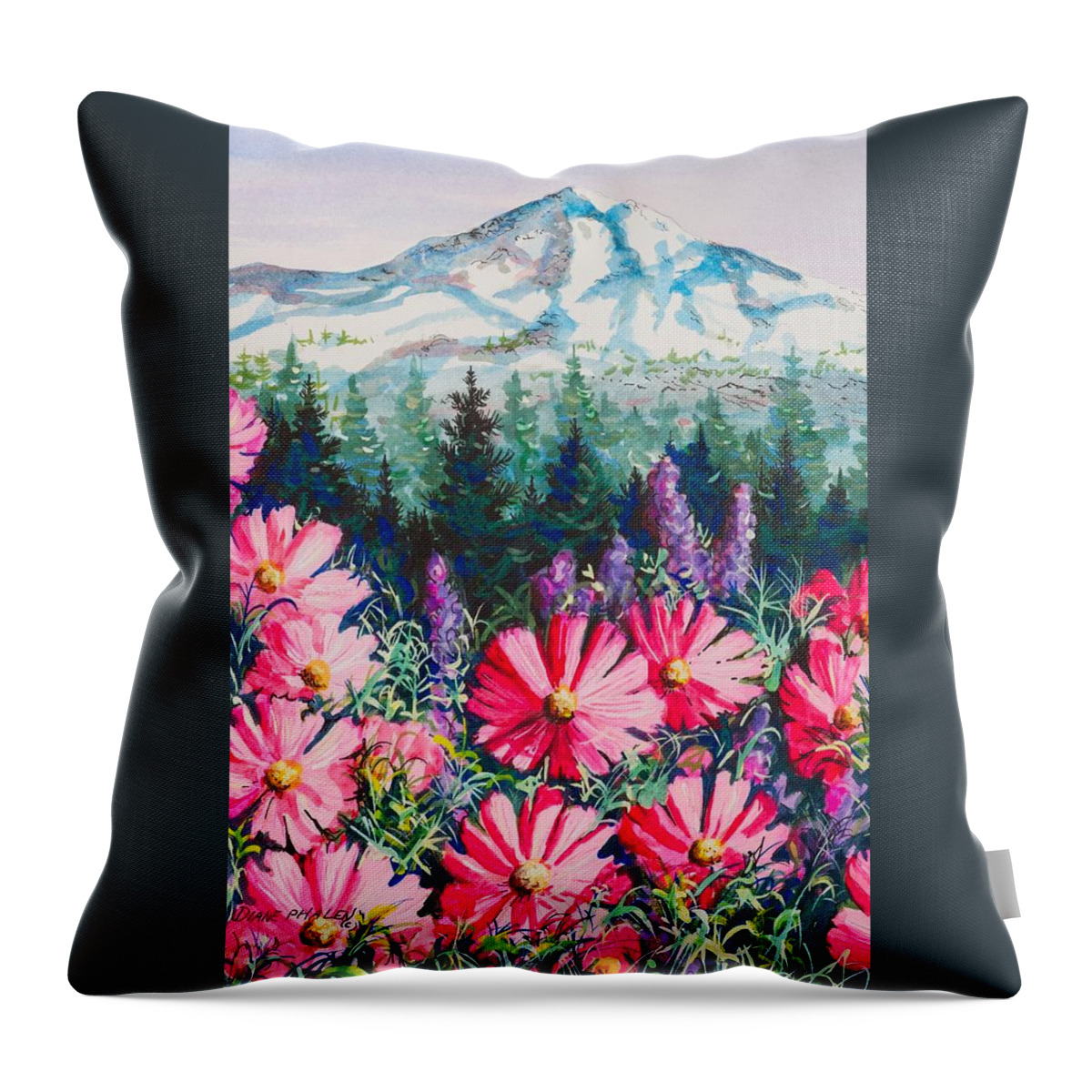 Mountain Throw Pillow featuring the painting Mt. Hood Cosmos by Diane Phalen