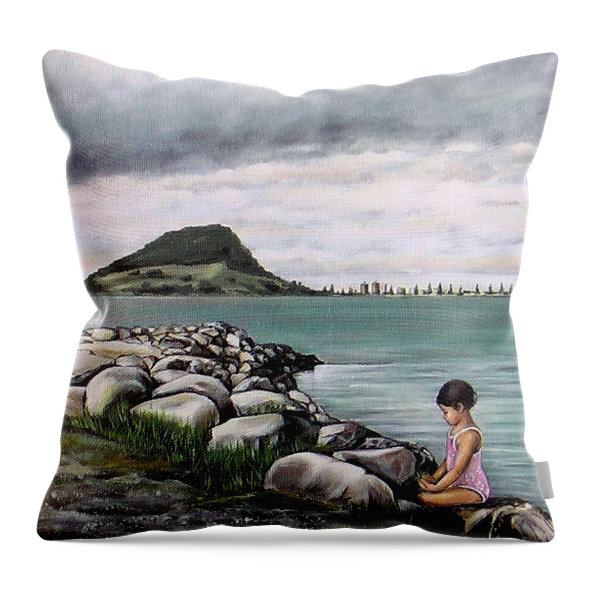 Sea Throw Pillow featuring the painting Mt Maunganui 140408 by Sylvia Kula