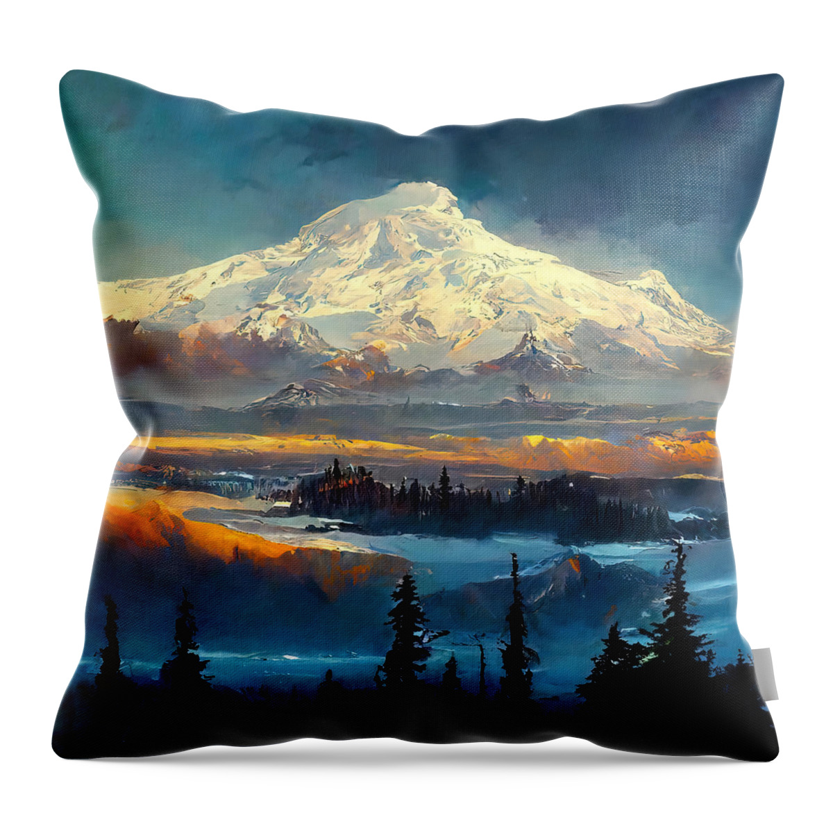 Nature Throw Pillow featuring the painting Mt Rainier National Park, 01 by AM FineArtPrints