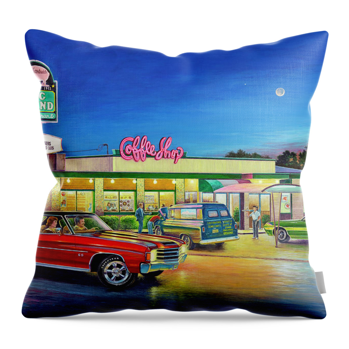 Pig Stand Throw Pillow featuring the painting Muscle Car Cruise Night by Randy Welborn