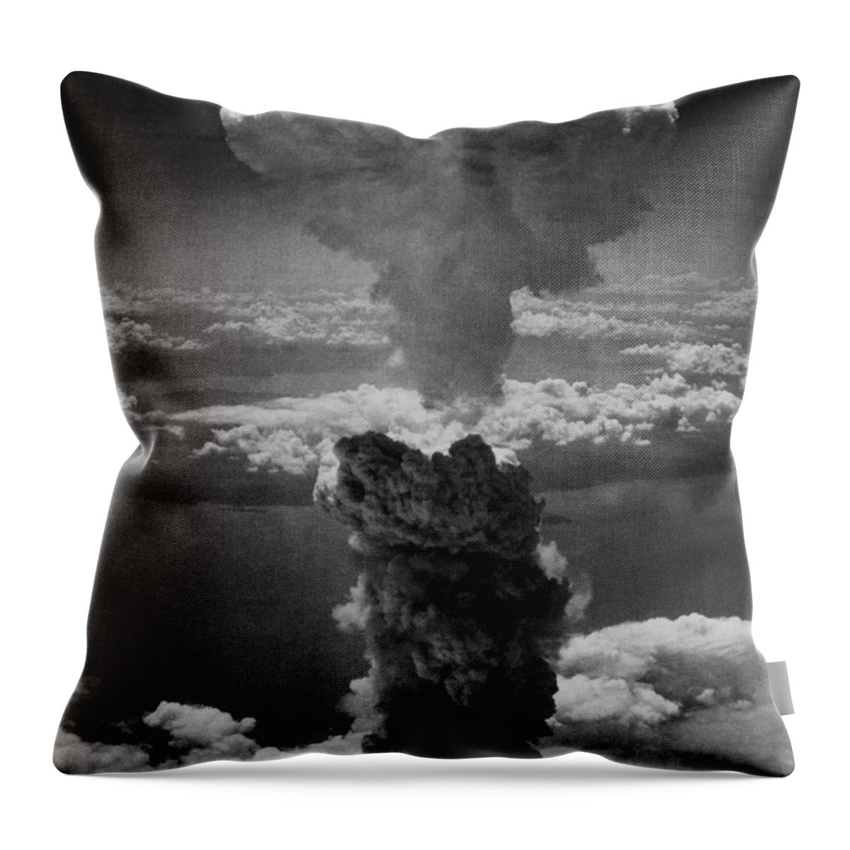 Atomic Bomb Throw Pillow featuring the photograph Mushroom Cloud Over Nagasaki by War Is Hell Store