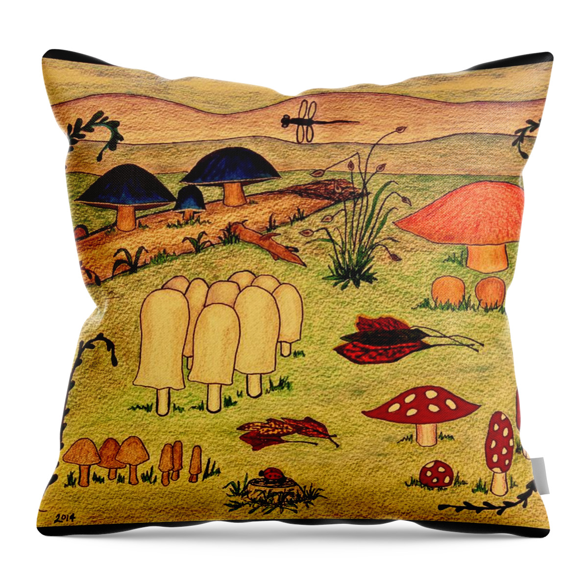 Drawing Throw Pillow featuring the drawing Mushroom Diversity by Karen Nice-Webb