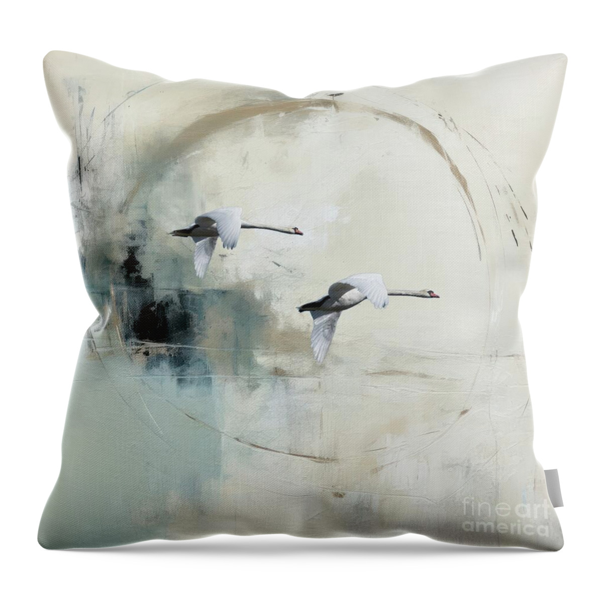Swans Throw Pillow featuring the mixed media Mute Swans Flying by Eva Lechner