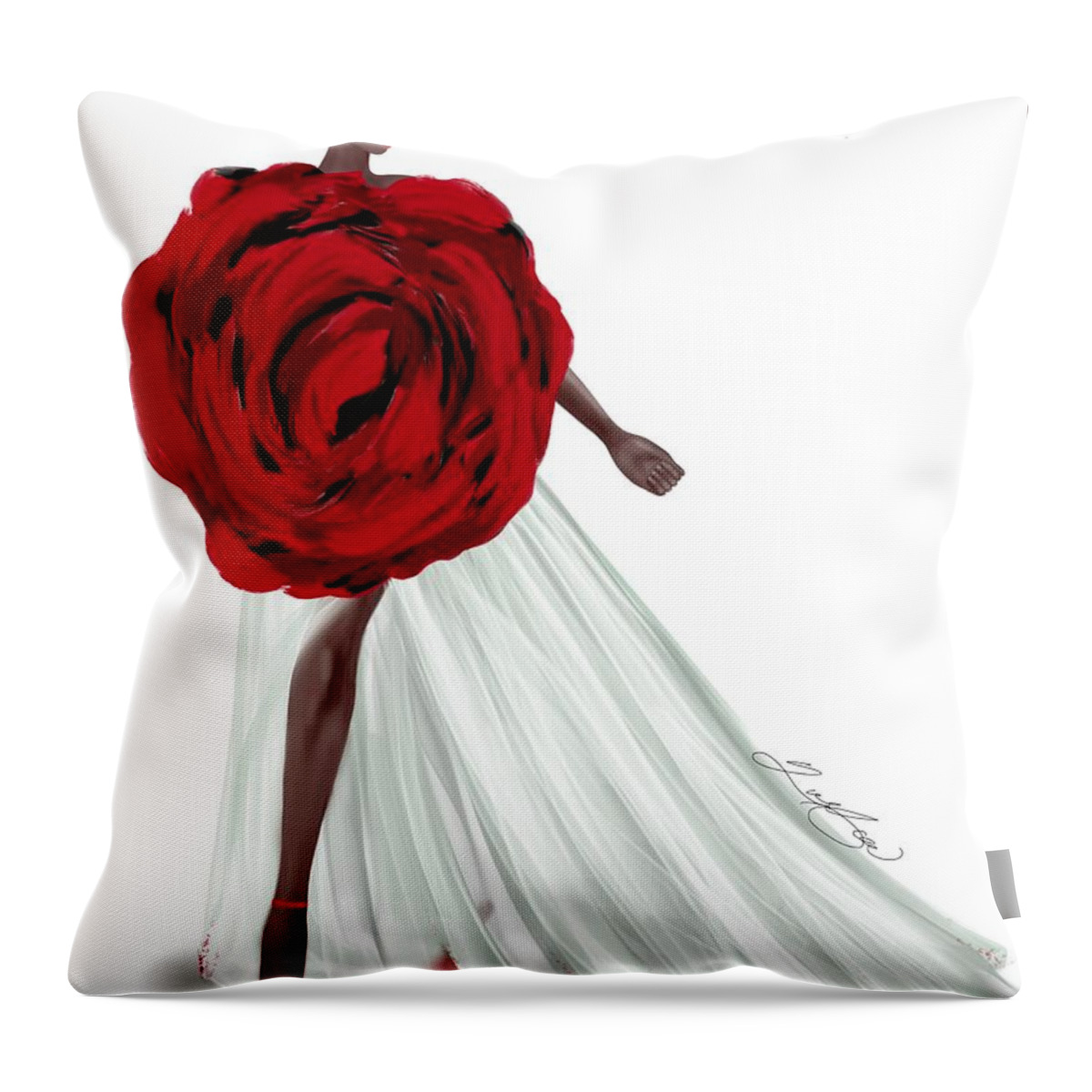 Red Rose Throw Pillow featuring the mixed media My Interpretation of Alexander McQueen Fall 2019 Red Rose Dress by Yolanda Holmon