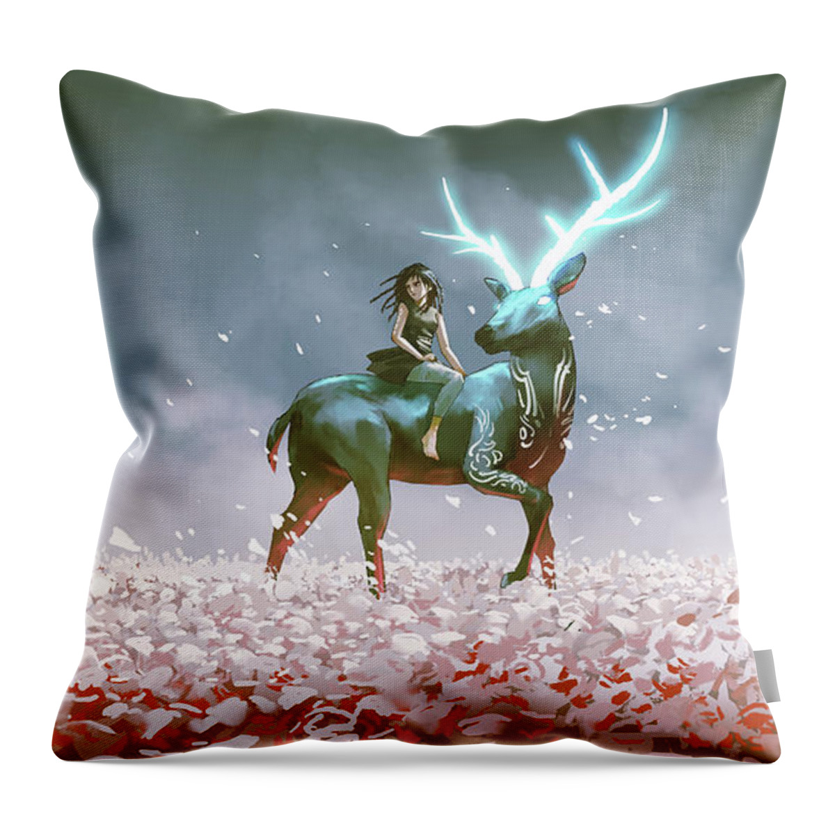 Illustration Throw Pillow featuring the painting My legendary stag by Tithi Luadthong