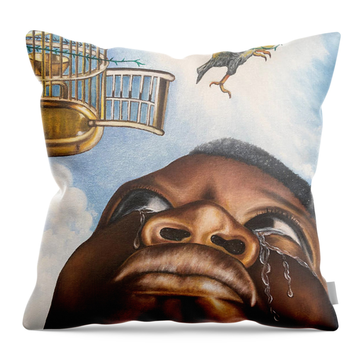Bird Throw Pillow featuring the painting My Little Bird Flew Away by O Yemi Tubi