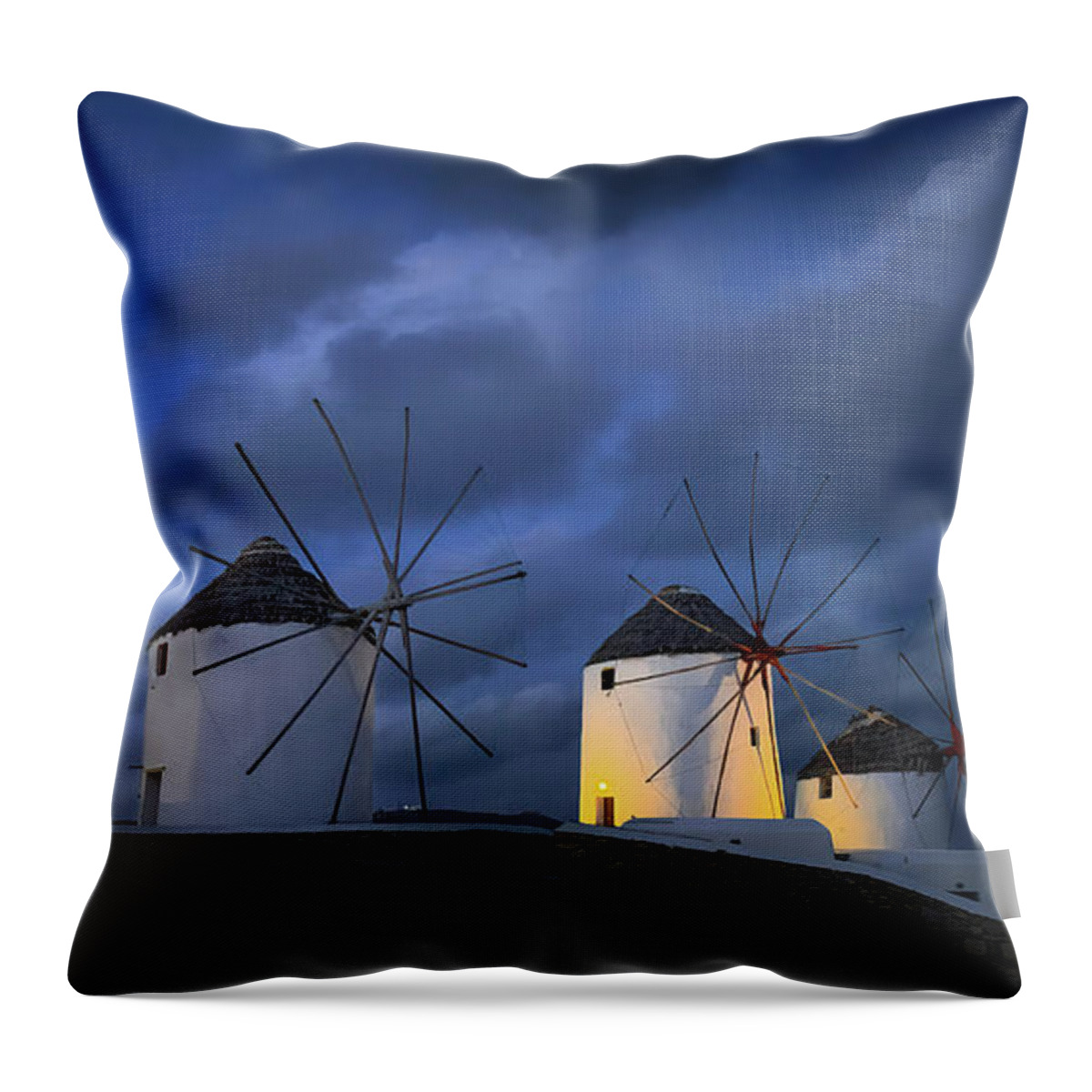 Mykonos Windmills Throw Pillow featuring the photograph Mykonos Windmills by Rebecca Herranen