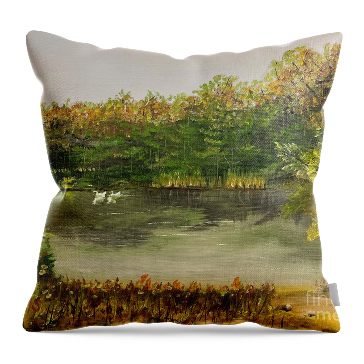 Peaceful Throw Pillow featuring the painting Mystery Pond by Monika Shepherdson