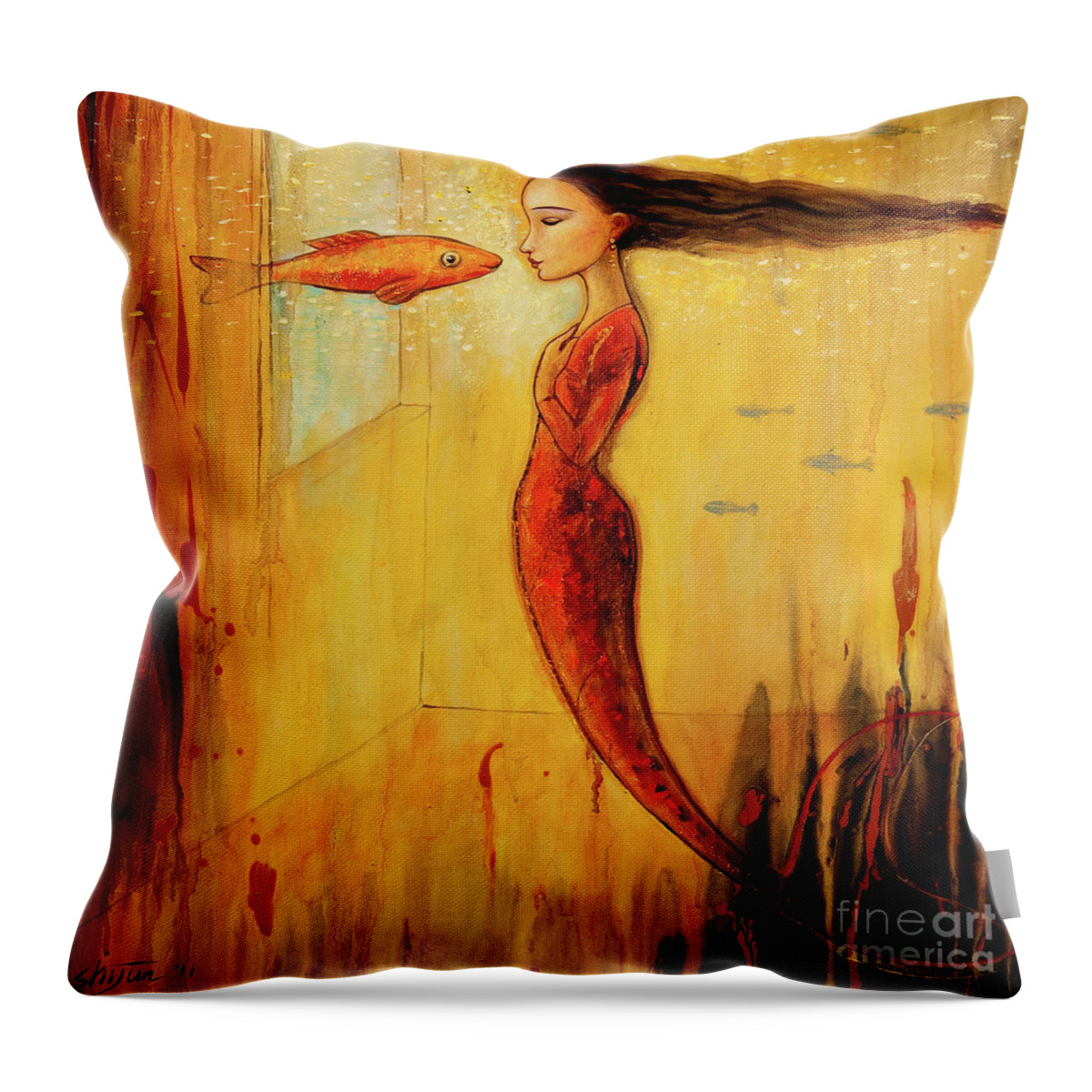 Mermaid Throw Pillow featuring the painting Mystic Mermaid by Shijun Munns