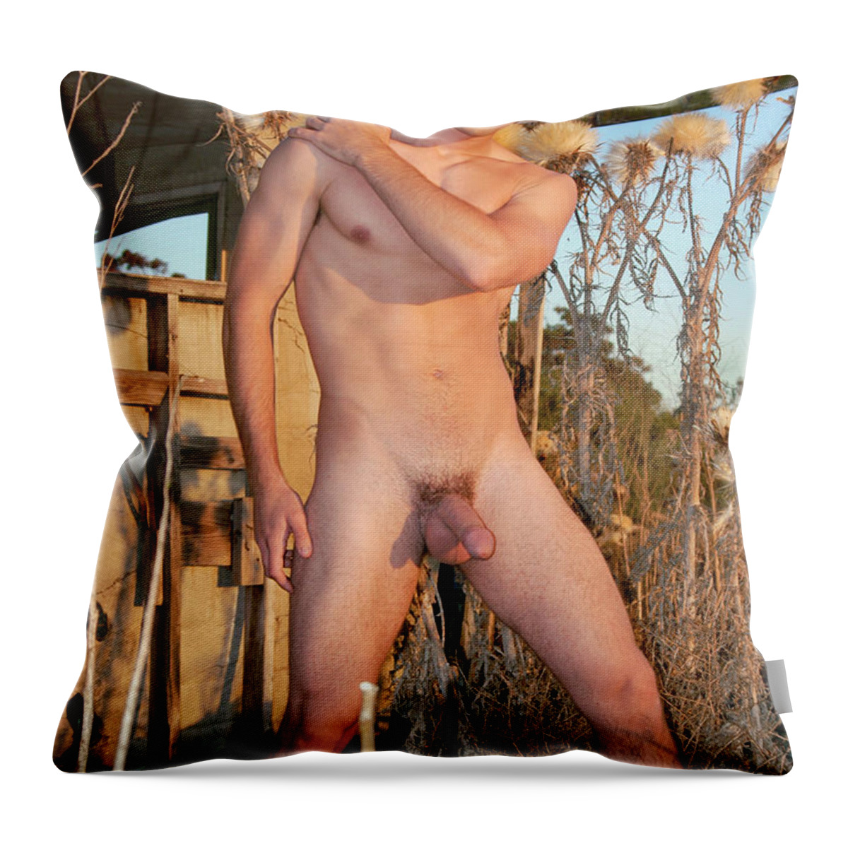 Male Art Throw Pillow featuring the photograph Naked Cowboy catches the last sun in the field. by Gunther Allen