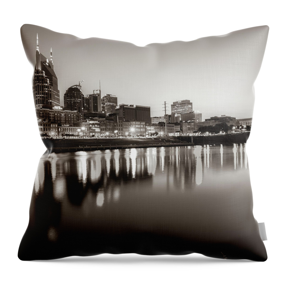 Nashville Skyline Throw Pillow featuring the photograph Nashville Sepia Skyline Reflections - Square Art by Gregory Ballos