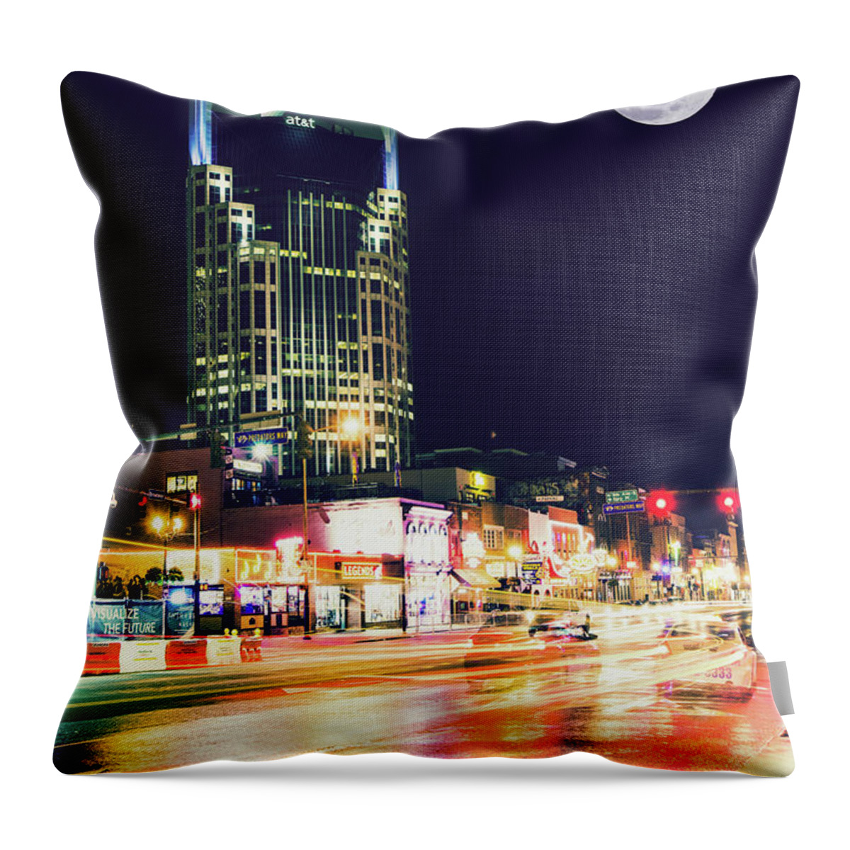 Nashville Skyline Throw Pillow featuring the photograph Nashville Supermoon From Lower Broadway by Gregory Ballos
