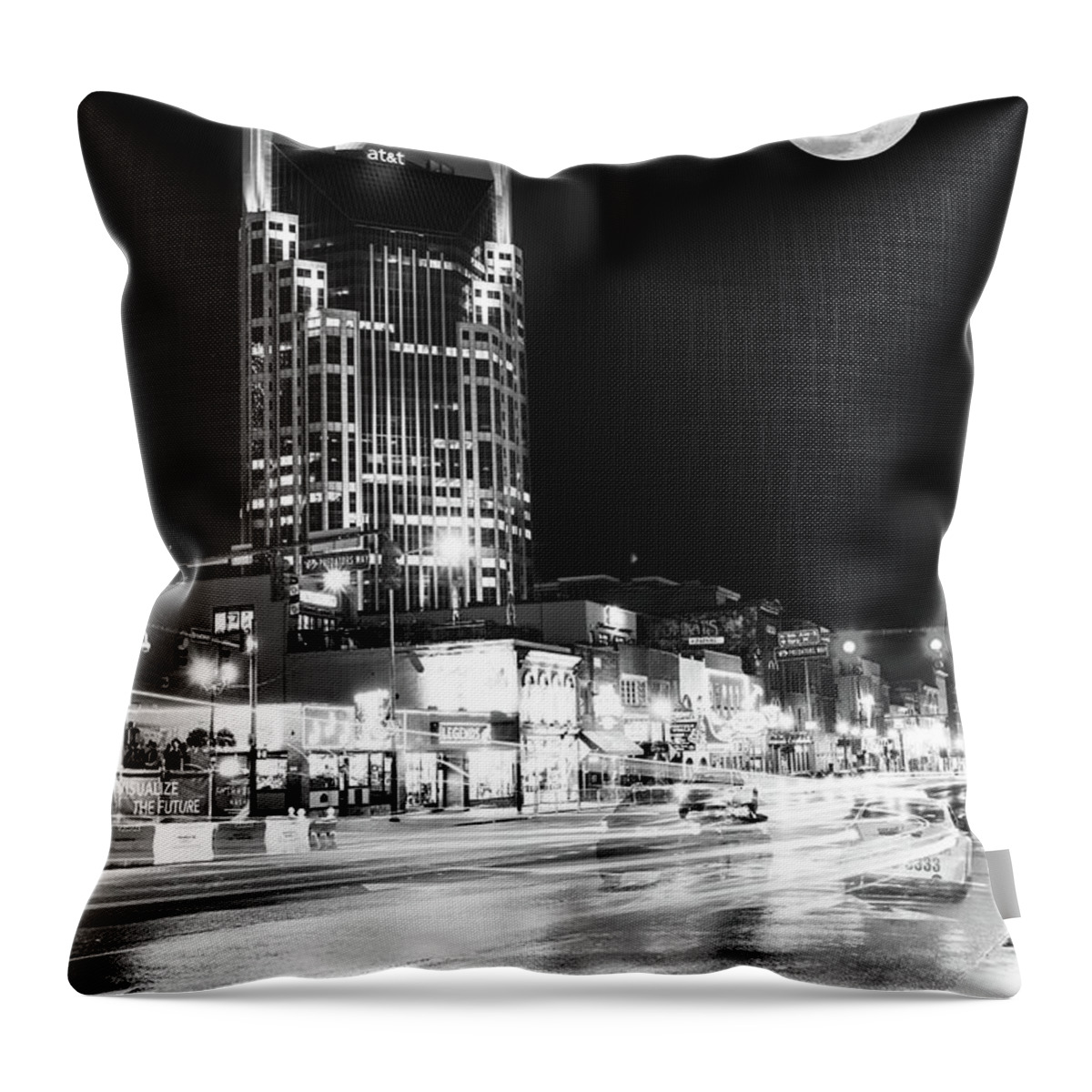 Nashville Skyline Throw Pillow featuring the photograph Nashville Supermoon From Lower Broadway in Monochrome by Gregory Ballos